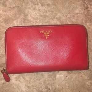Prada Red Large Saffiano Leather Zip Around Wallet